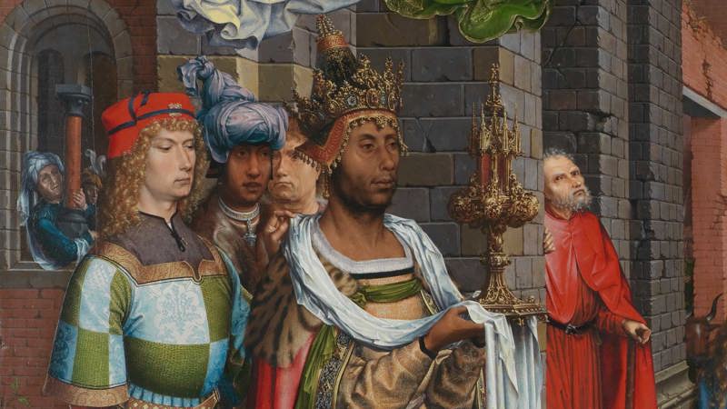 Detail of Jan Gossaert (Jean Gossart), 'The Adoration of the Kings', 1510–15. A man in a crown.