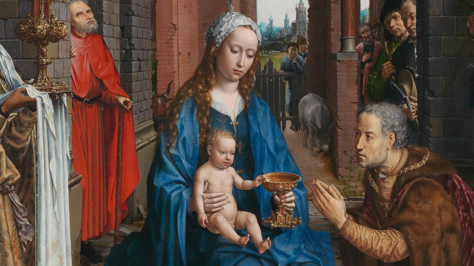 Detail of Jan Gossaert (Jean Gossart), 'The Adoration of the Kings', 1510–15. A baby sitting on his mother's lap.
