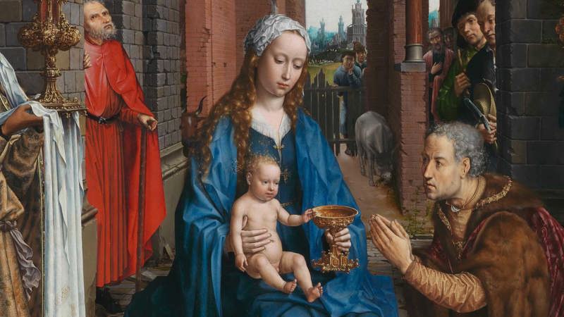 Detail of Jan Gossaert (Jean Gossart), 'The Adoration of the Kings', 1510–15. A baby sitting on his mother's lap.