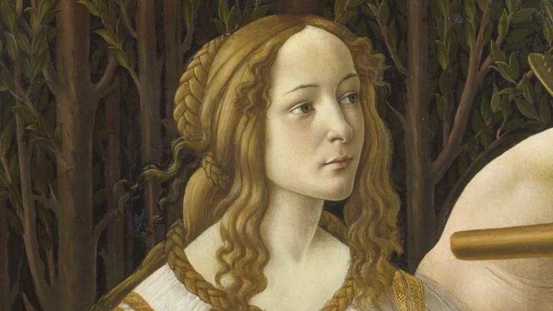 Detail of Sandro Botticelli, 'Venus and Mars', about 1485. Woman in a white dress with blonde hair.