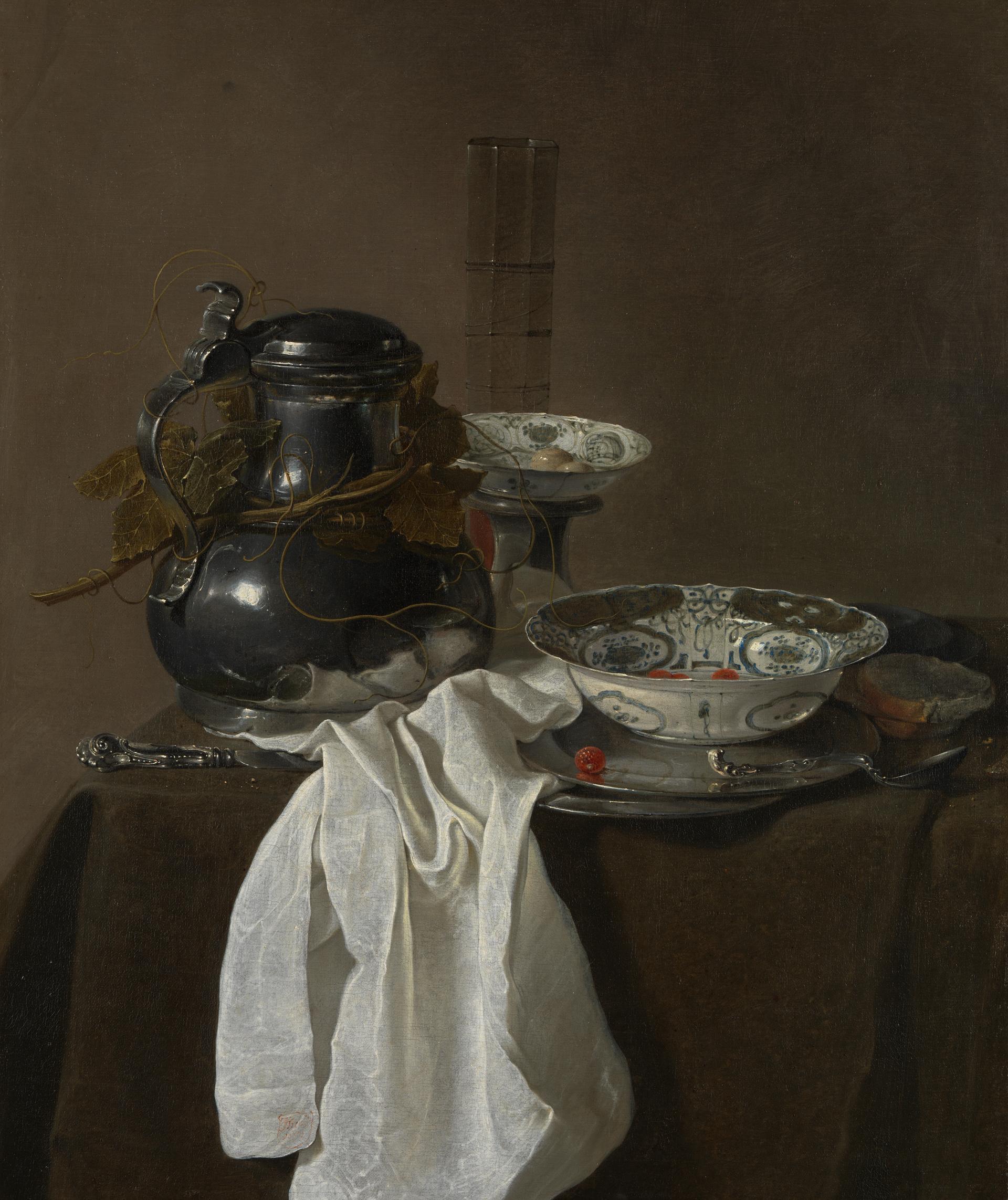 Still Life with a Pewter Flagon and Two Ming Bowls
