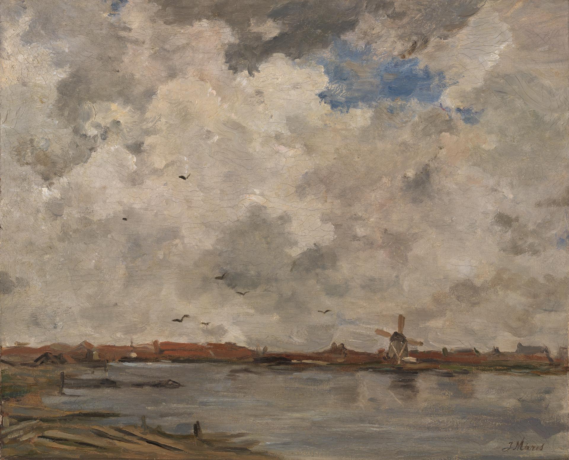 A Windmill and Houses beside Water: Stormy Sky
