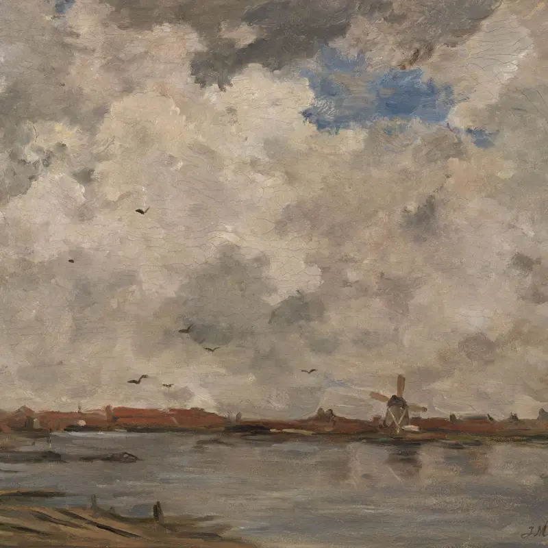 A Windmill and Houses beside Water: Stormy Sky