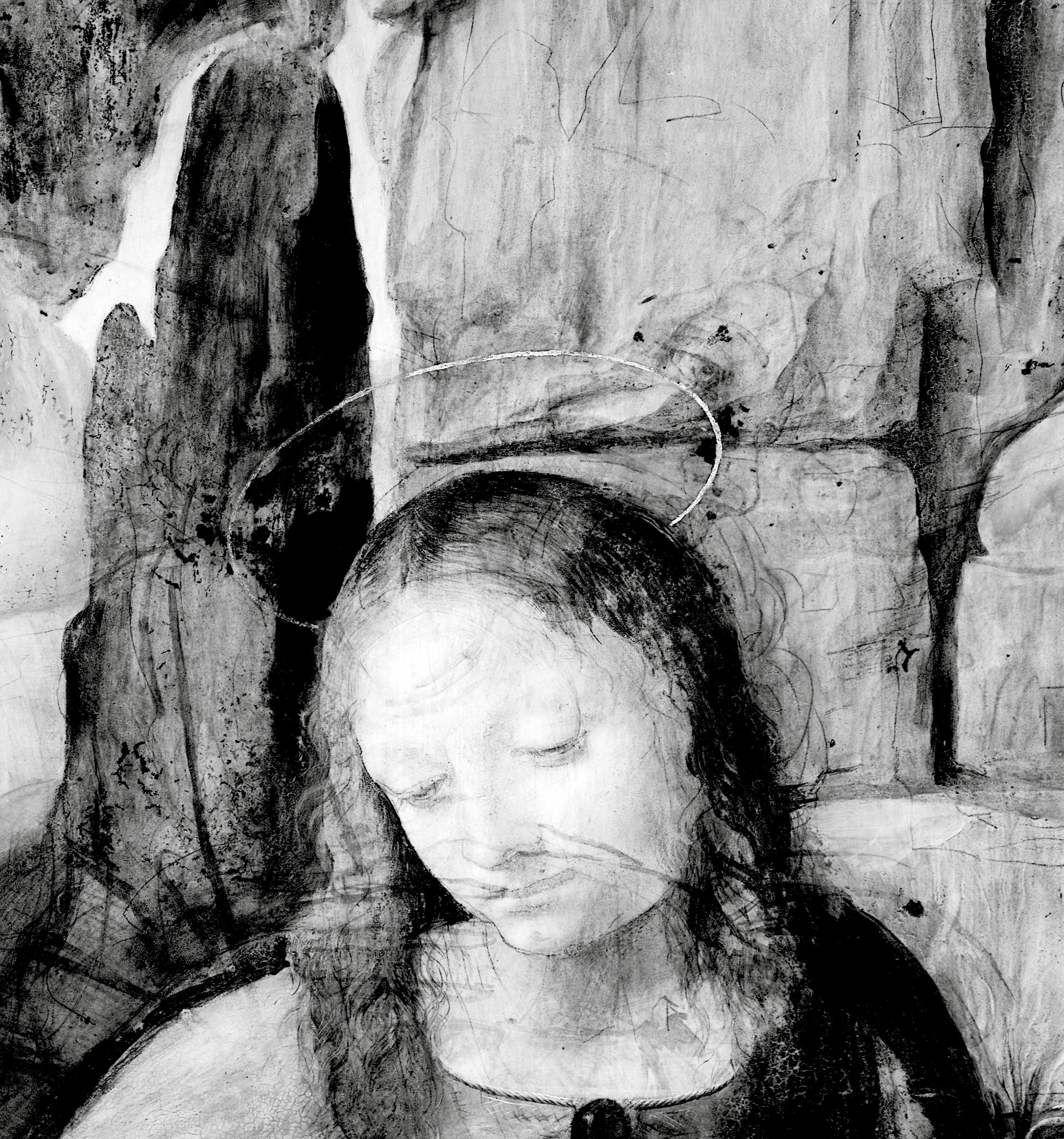 The drawing for the head and left hand of the Virgin from the initial composition as revealed in the IRR (zoomed out). 
