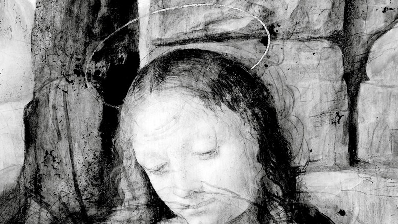 The drawing for the head and left hand of the Virgin from the initial composition as revealed in the IRR (zoomed out).