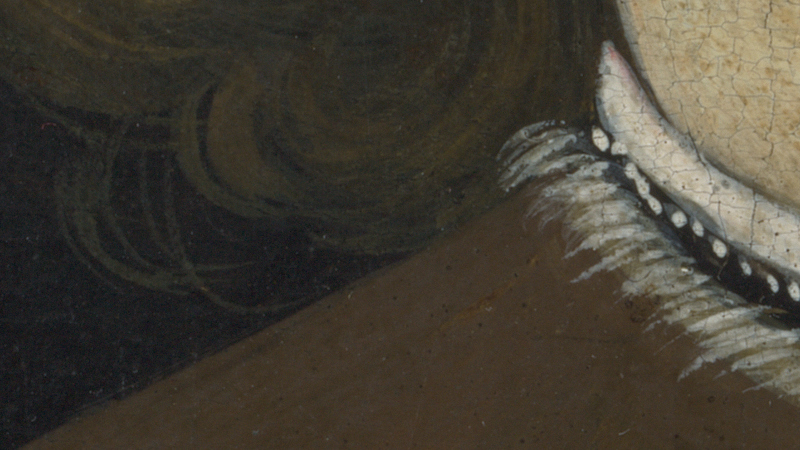 Detail of Sandro Botticelli, 'Portrait of a Young Man', probably about 1480-5. Man's shoulder.