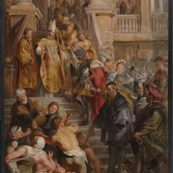 Saint Bavo is received by Saints Amand and Floribert