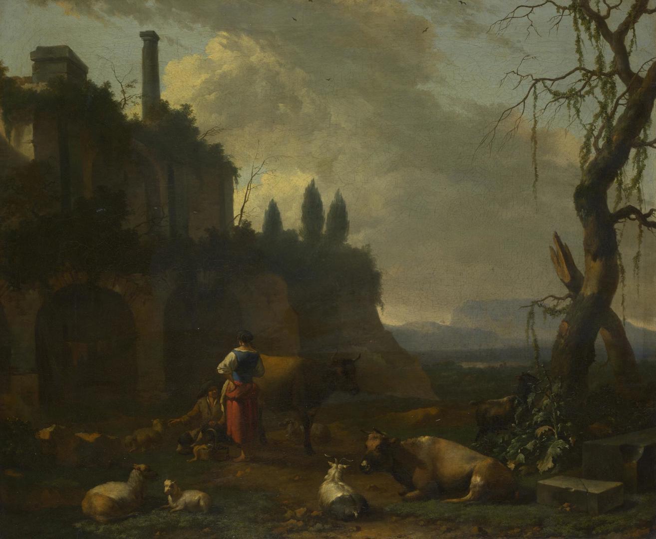 Peasants with Cattle by a Ruin by Abraham Begeijn