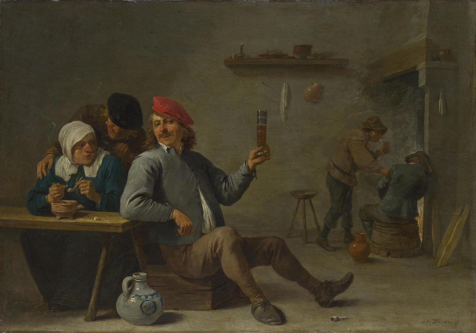 A Man holding a Glass and an Old Woman lighting a Pipe by David Teniers the Younger