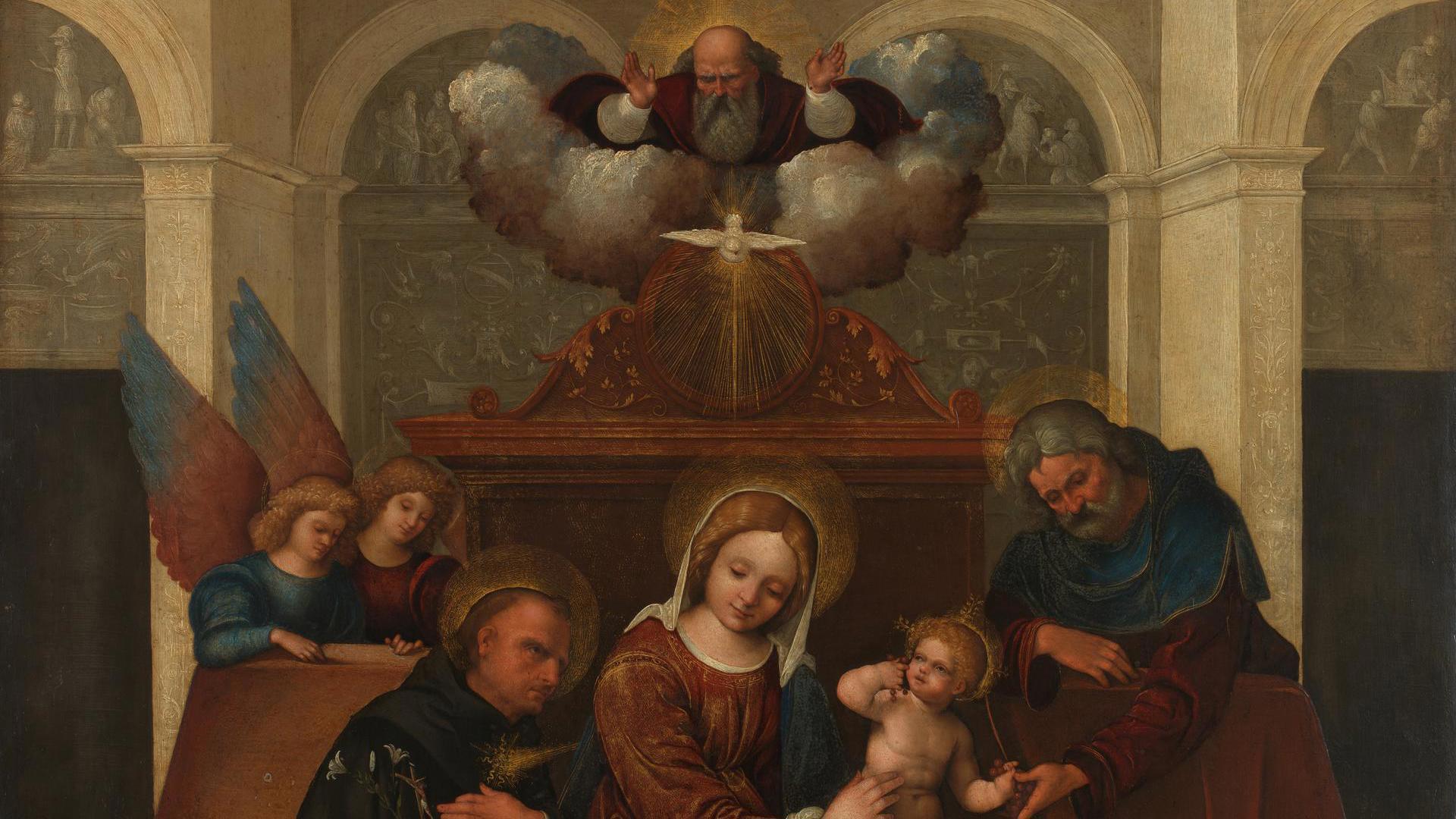 The Holy Family with a Saint, the Trinity and Angels by Ludovico Mazzolino