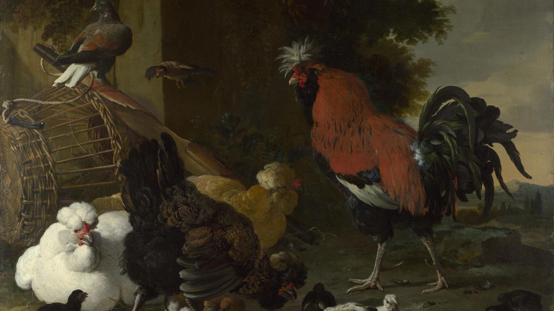 A Cock, Hens and Chicks by Melchior d'Hondecoeter