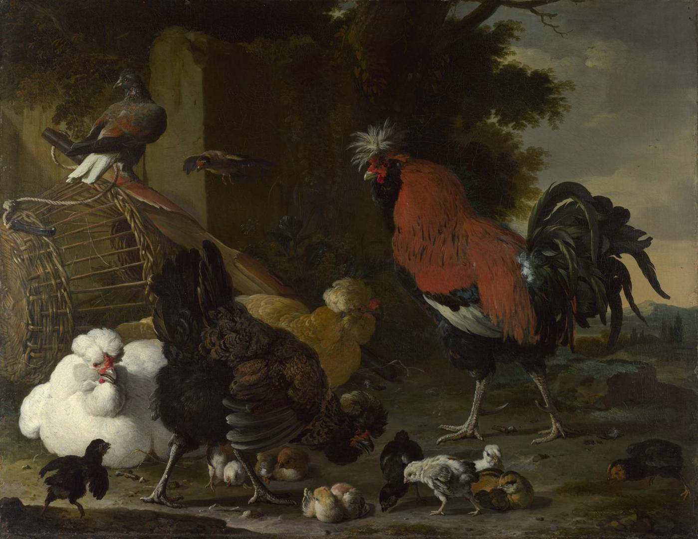 A Cock, Hens and Chicks by Melchior d'Hondecoeter