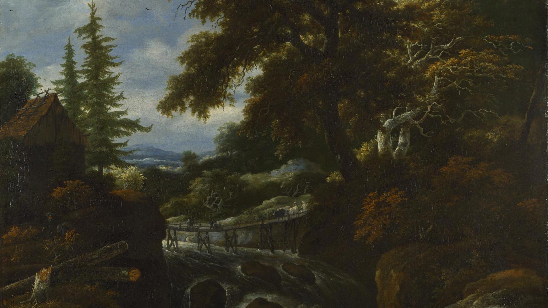 A Waterfall by a Cottage in a Hilly Landscape by Jacob Salomonsz. van Ruysdael