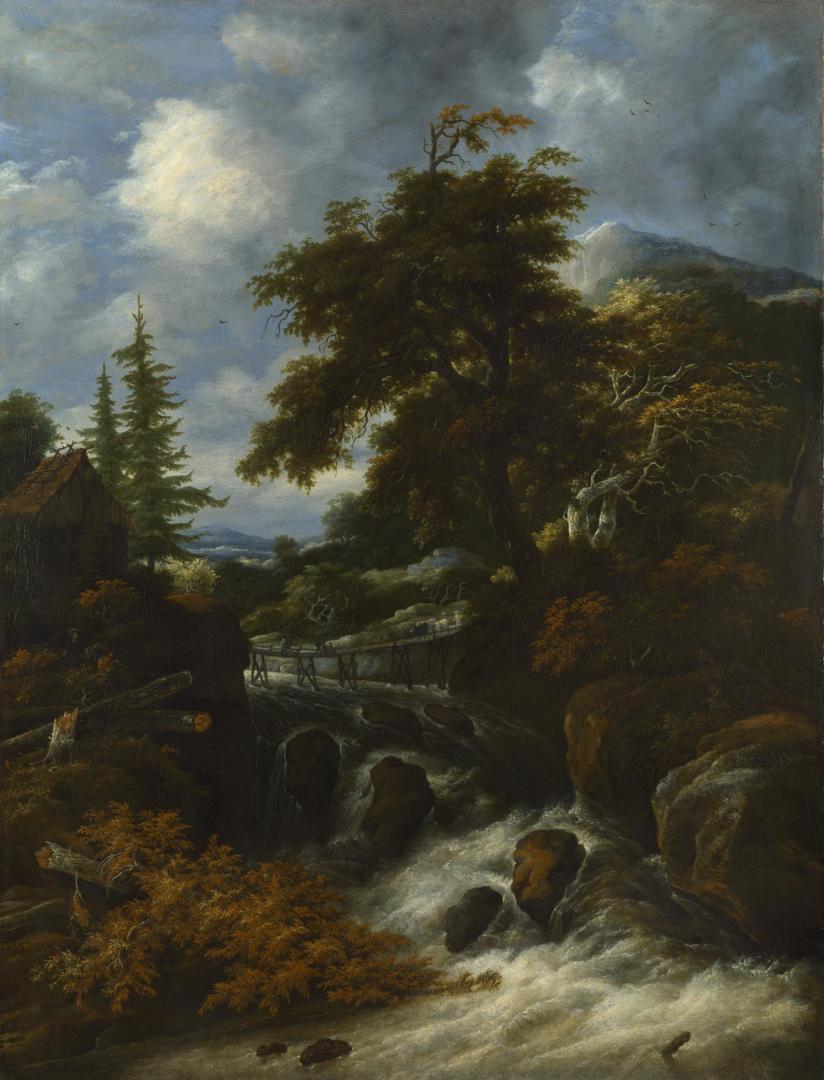 A Waterfall by a Cottage in a Hilly Landscape by Jacob Salomonsz. van Ruysdael
