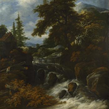 A Waterfall by a Cottage in a Hilly Landscape