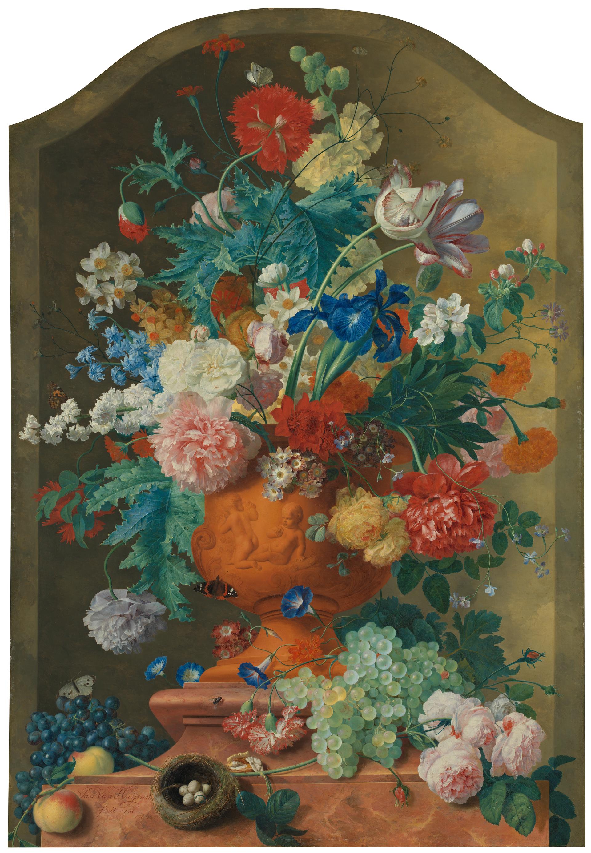 Lux Quadro Stampa su Tela Jan Van OS Poppies Peonies And Other Flowers in a Terracotta Vase con Cornice in Legno Oro Classico Misura 53x43 CM 