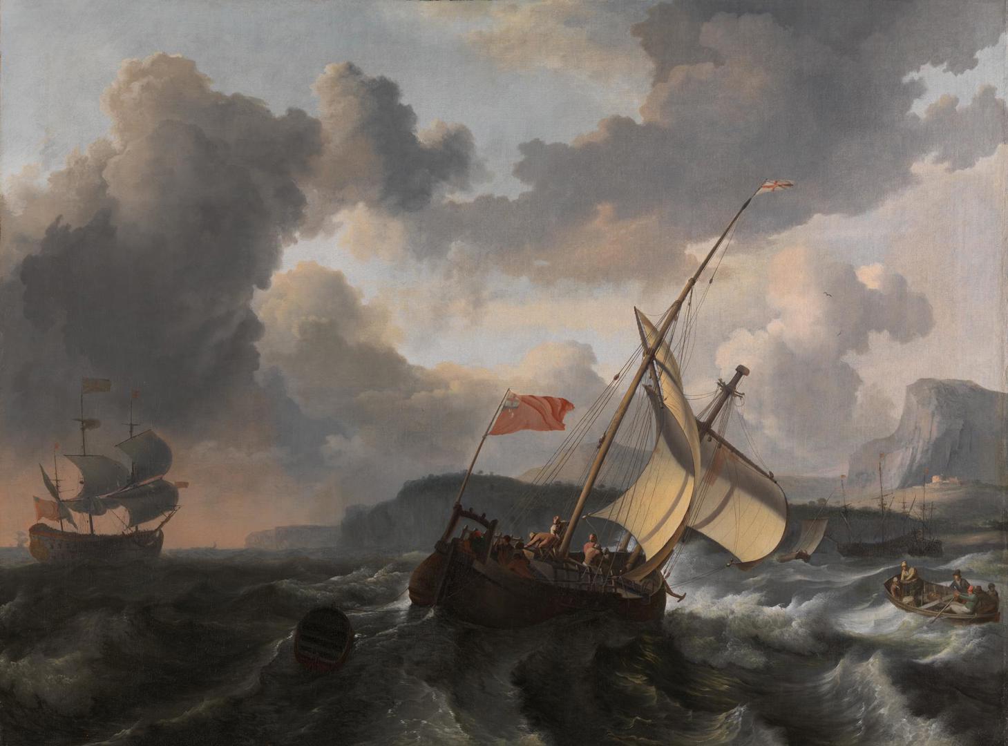 An English Vessel and a Man-of-war in a Rough Sea by Ludolf Bakhuizen