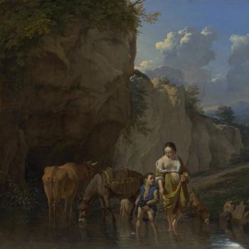 A Woman and a Boy with Animals at a Ford