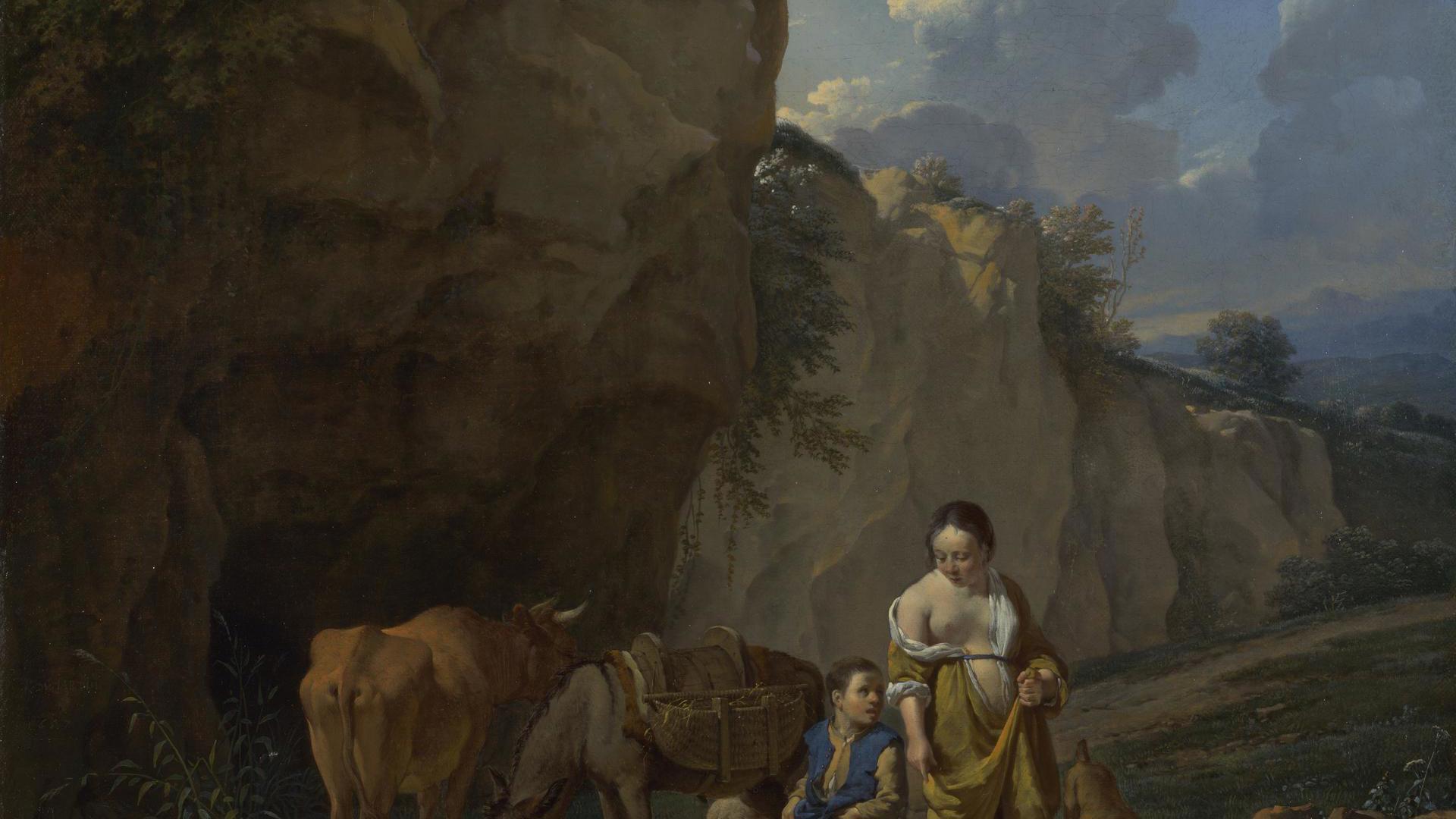 A Woman and a Boy with Animals at a Ford by Karel Dujardin