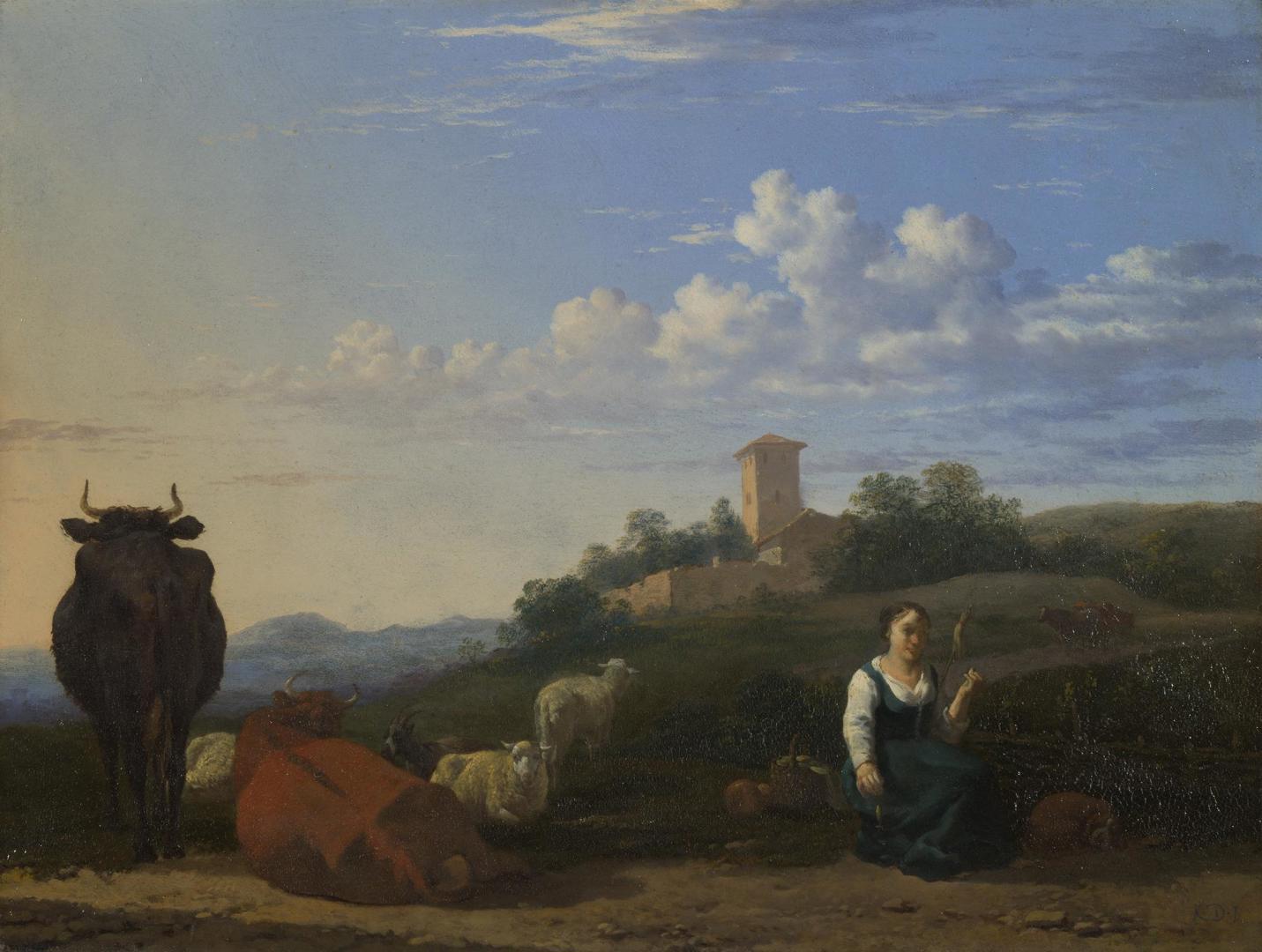 A Woman with Cattle and Sheep in an Italian Landscape by Karel Dujardin