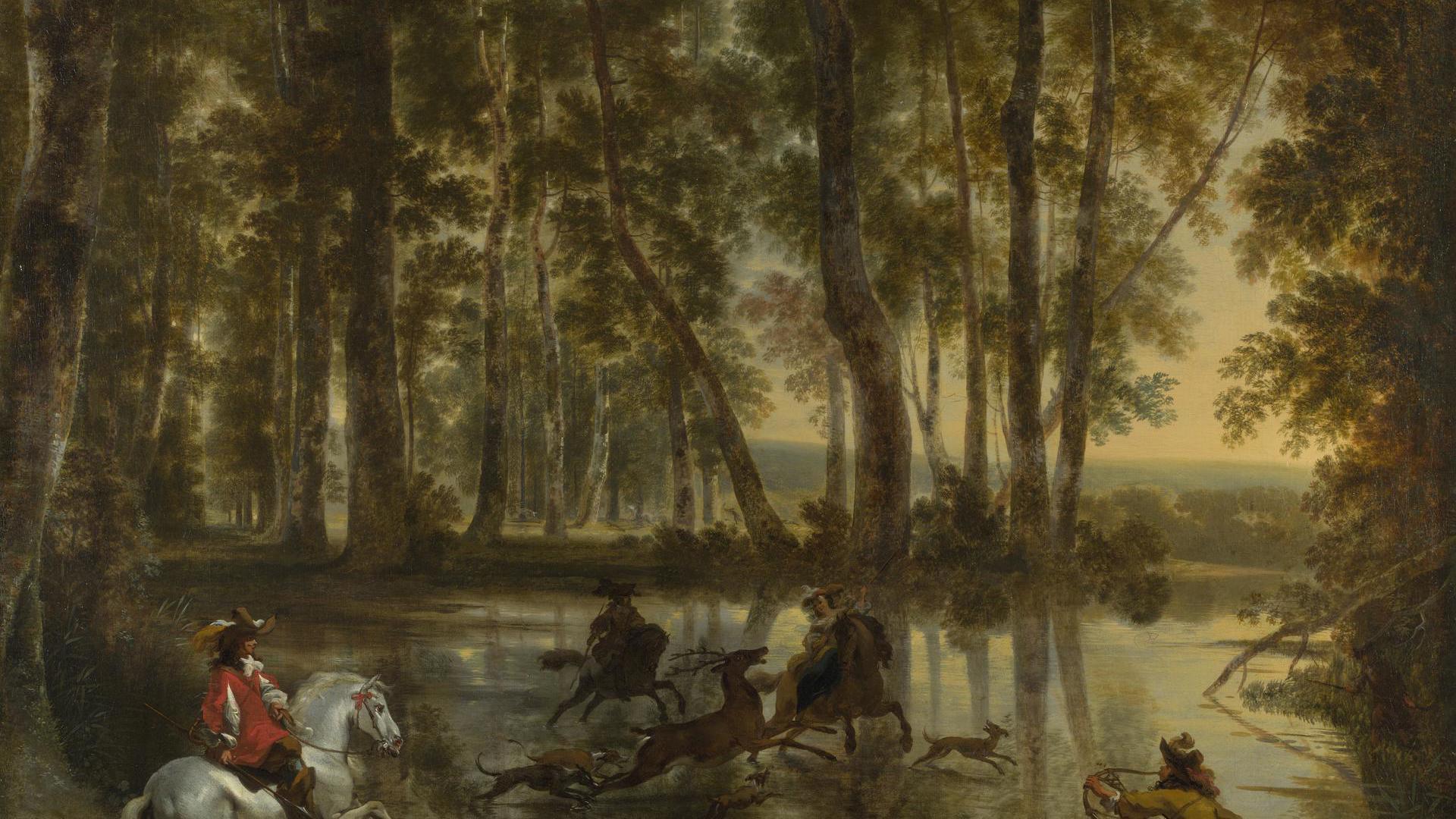 A Stag Hunt in a Forest by Jan Hackaert and Nicolaes Berchem