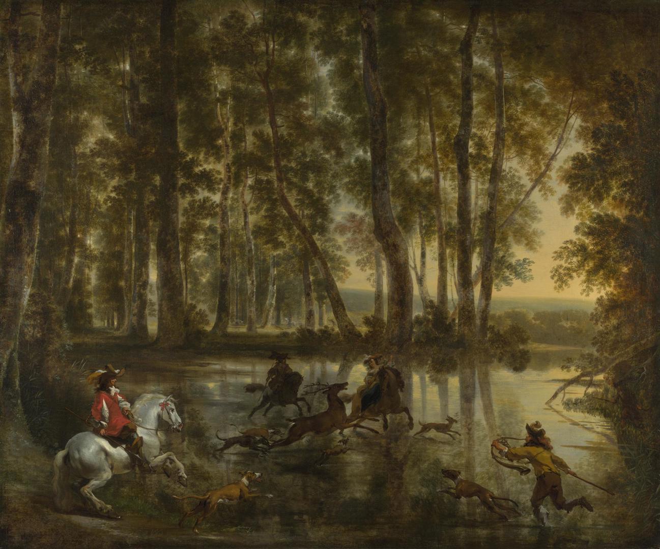 A Stag Hunt in a Forest by Jan Hackaert and Nicolaes Berchem