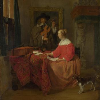 A Woman seated at a Table and a Man tuning a Violin