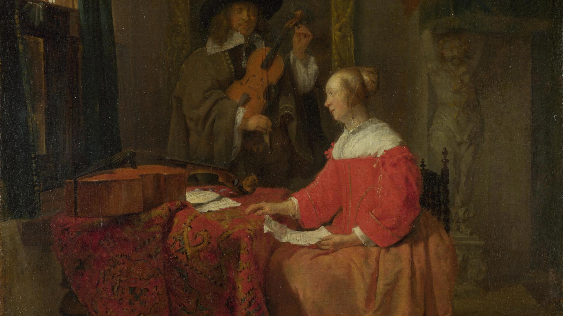 A Woman seated at a Table and a Man tuning a Violin by Gabriel Metsu