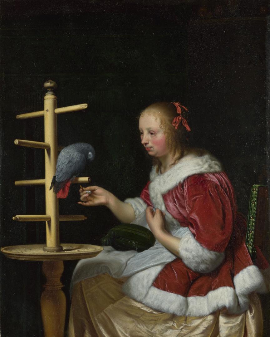 A Woman in a Red Jacket feeding a Parrot by Frans van Mieris the Elder