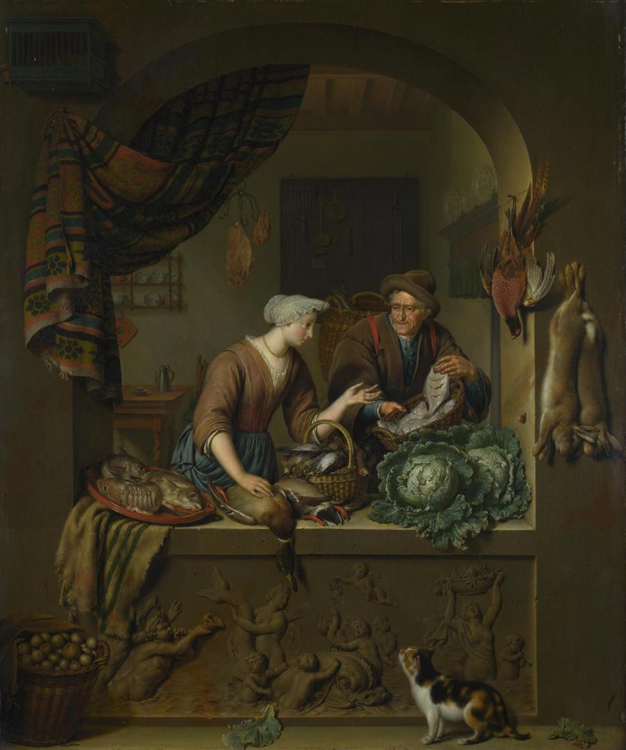 A Woman and a Fish-pedlar in a Kitchen by Willem van Mieris
