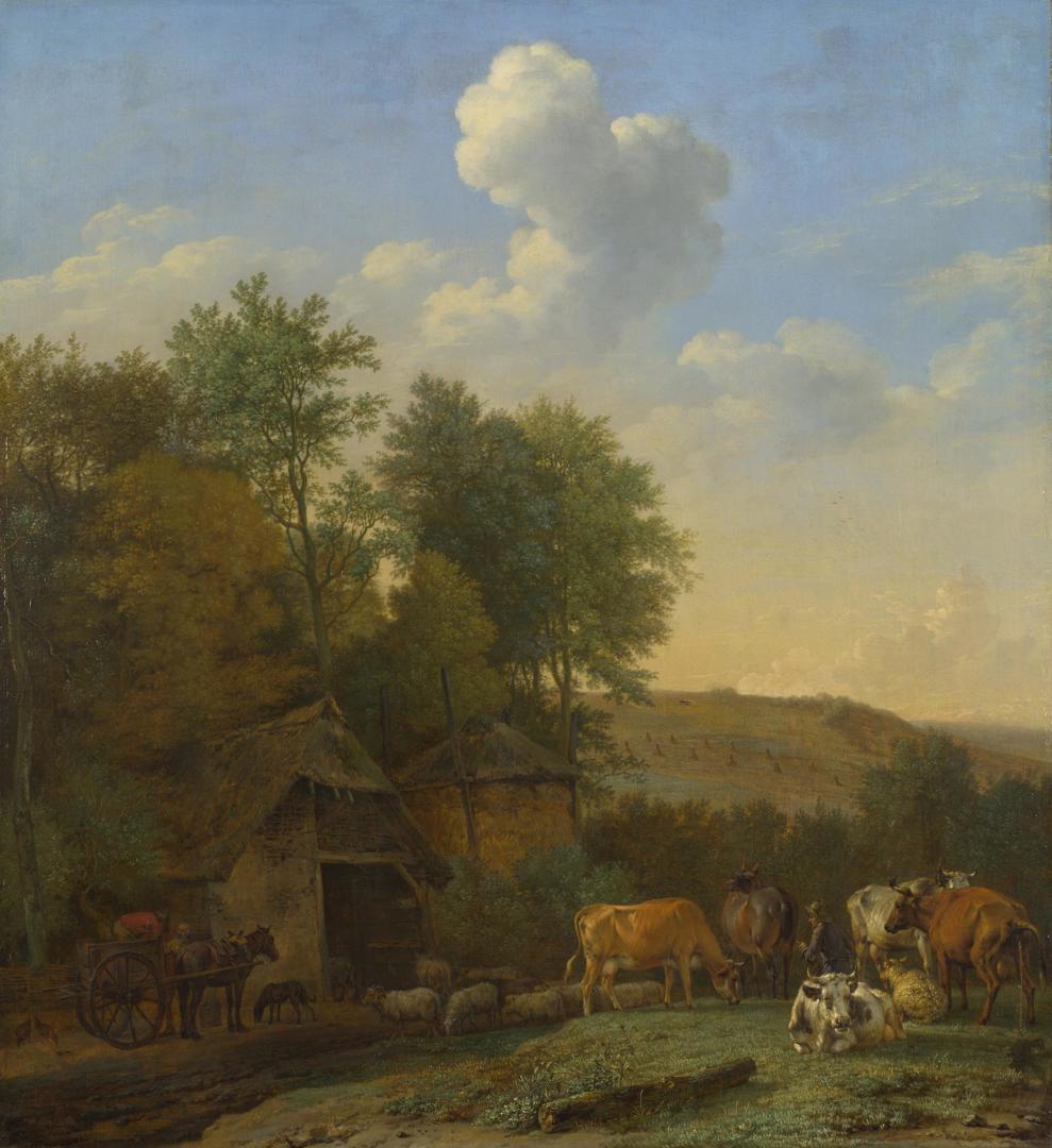 A Landscape with Cows, Sheep and Horses by a Barn by Paulus Potter