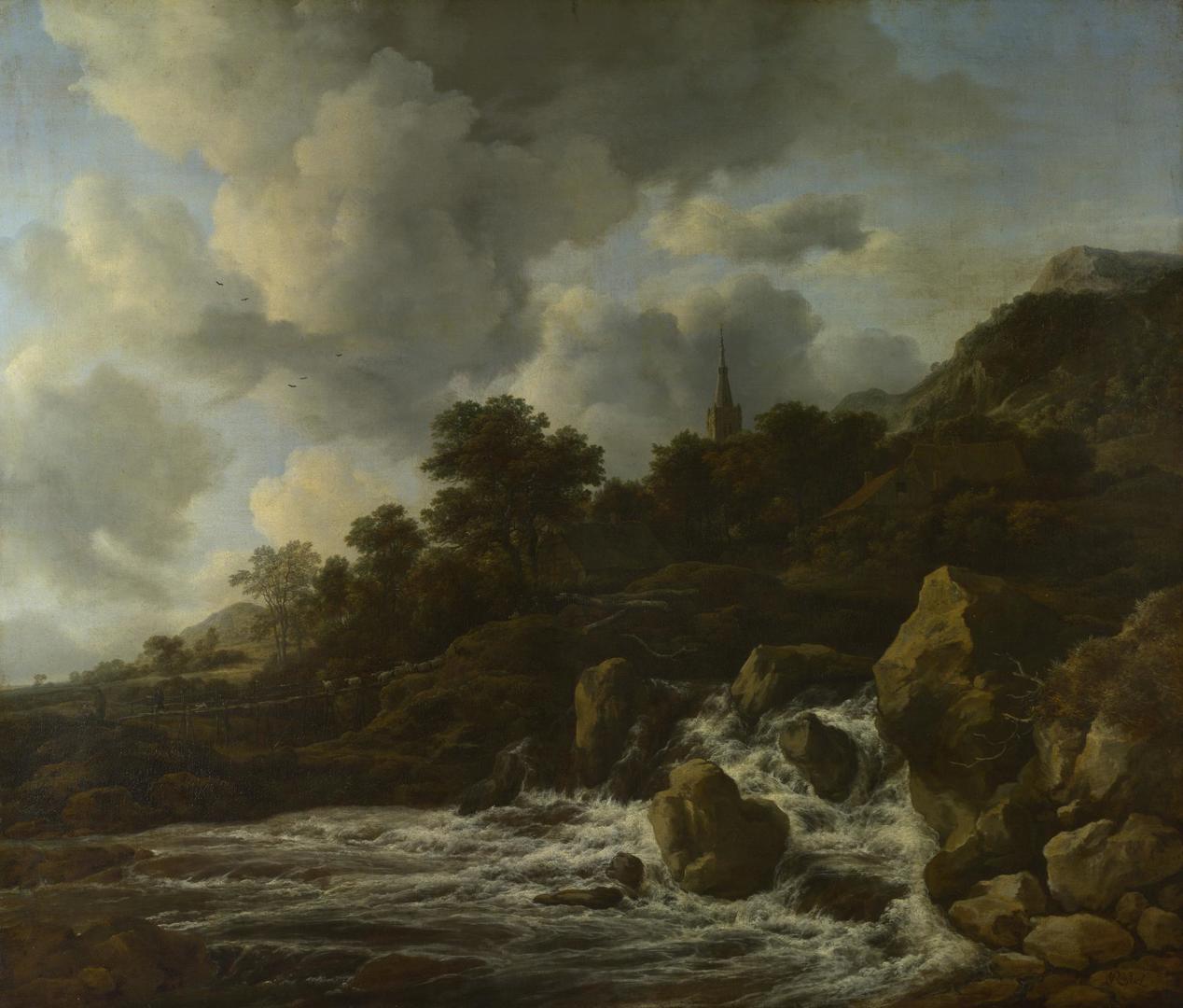 A Waterfall at the Foot of a Hill, near a Village by Jacob van Ruisdael