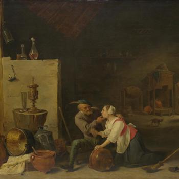 An Old Peasant caresses a Kitchen Maid in a Stable