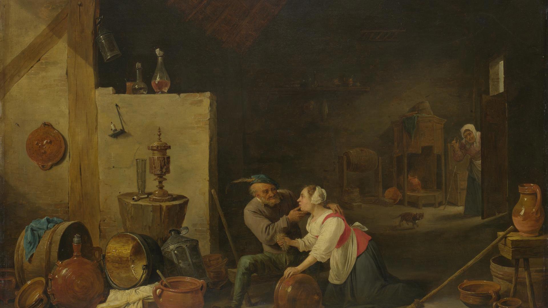 An Old Peasant caresses a Kitchen Maid in a Stable by David Teniers the Younger