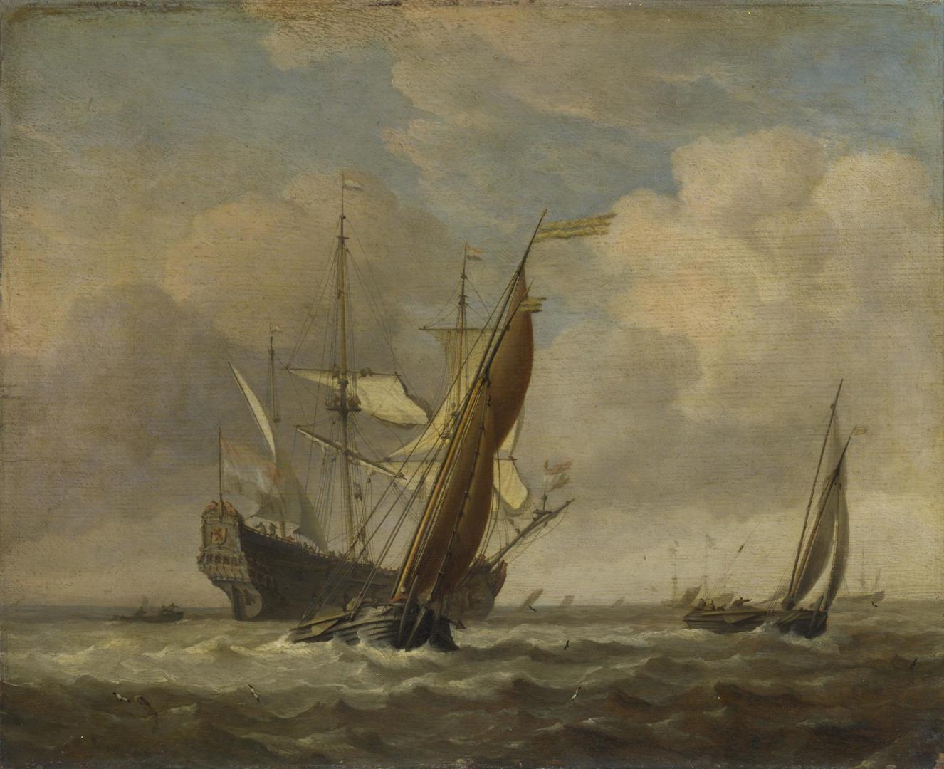 Two Small Vessels and a Dutch Man-of-War in a Breeze by Willem van de Velde