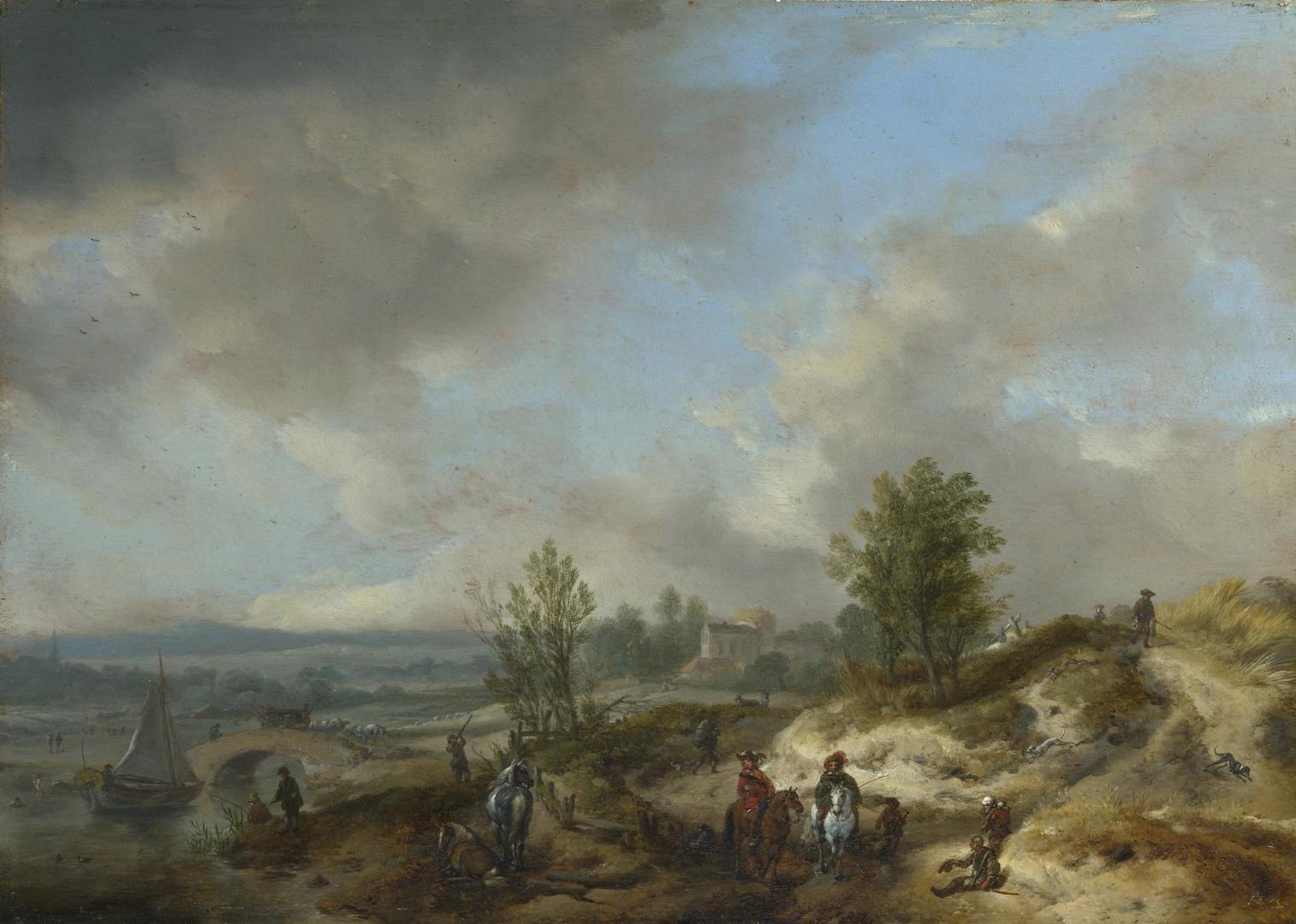 A Dune Landscape with a River and Many Figures by Philips Wouwerman