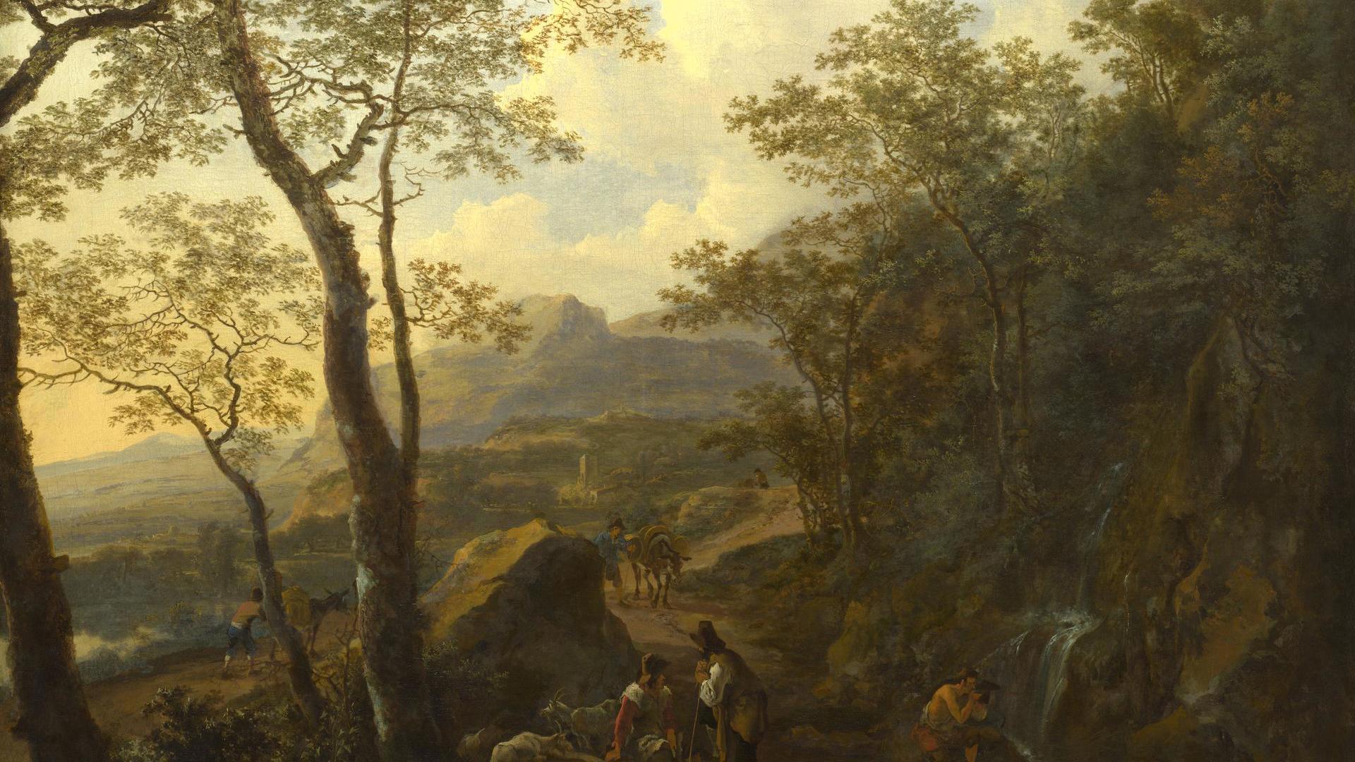 A Rocky Italian Landscape with Herdsmen and Muleteers by Jan Both