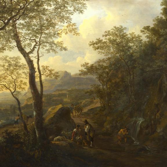 A Rocky Italian Landscape with Herdsmen and Muleteers