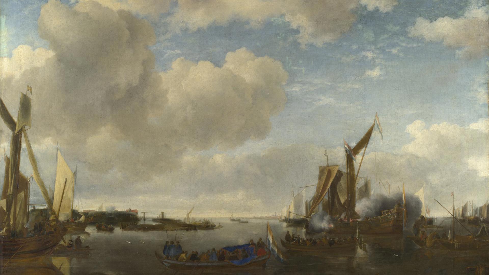 A River Scene with a Dutch Yacht firing a Salute by Jan van de Cappelle