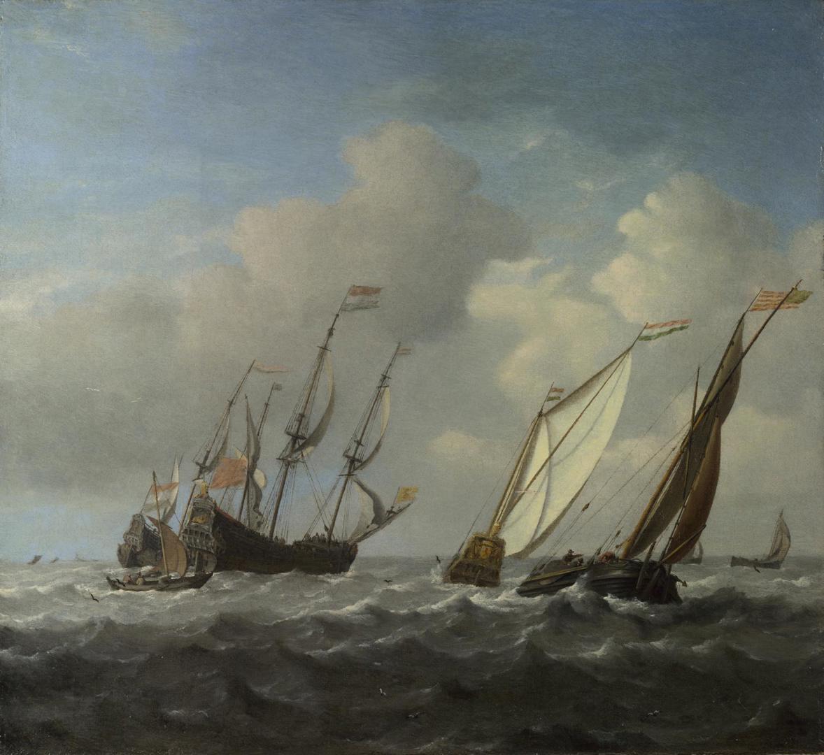 A Dutch Ship, a Yacht and Smaller Vessels in a Breeze by Willem van de Velde