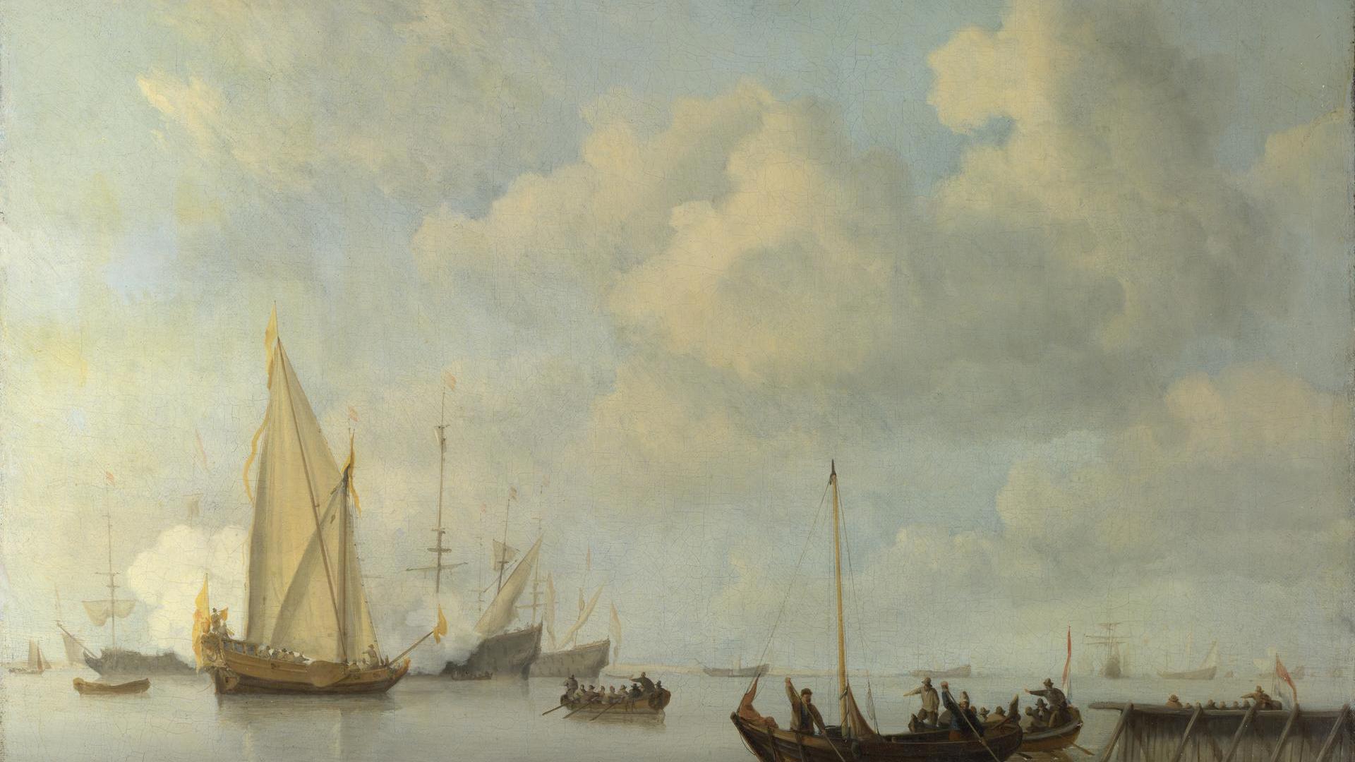 Boats pulling out to a Yacht in a Calm by Willem van de Velde