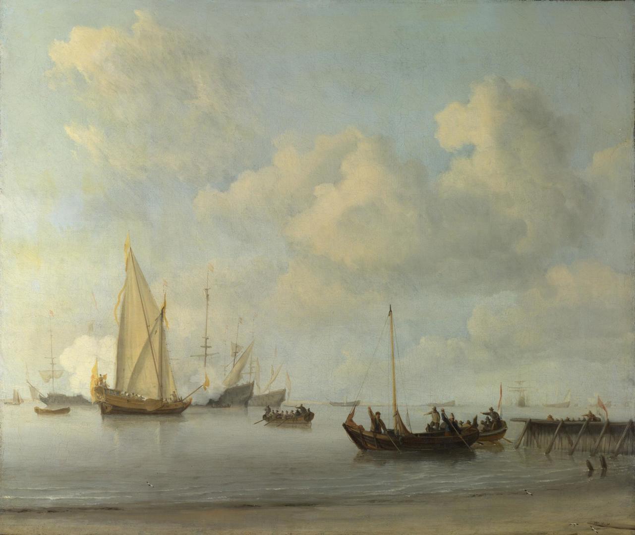 Boats pulling out to a Yacht in a Calm by Willem van de Velde