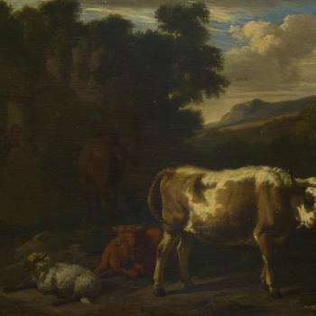 Two Calves, a Sheep and a Dun Horse by a Ruin