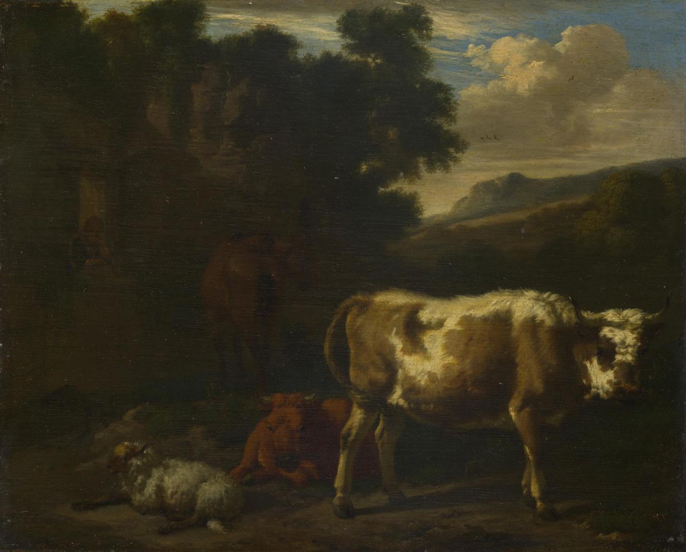 Two Calves, a Sheep and a Dun Horse by a Ruin by Dirck van den Bergen