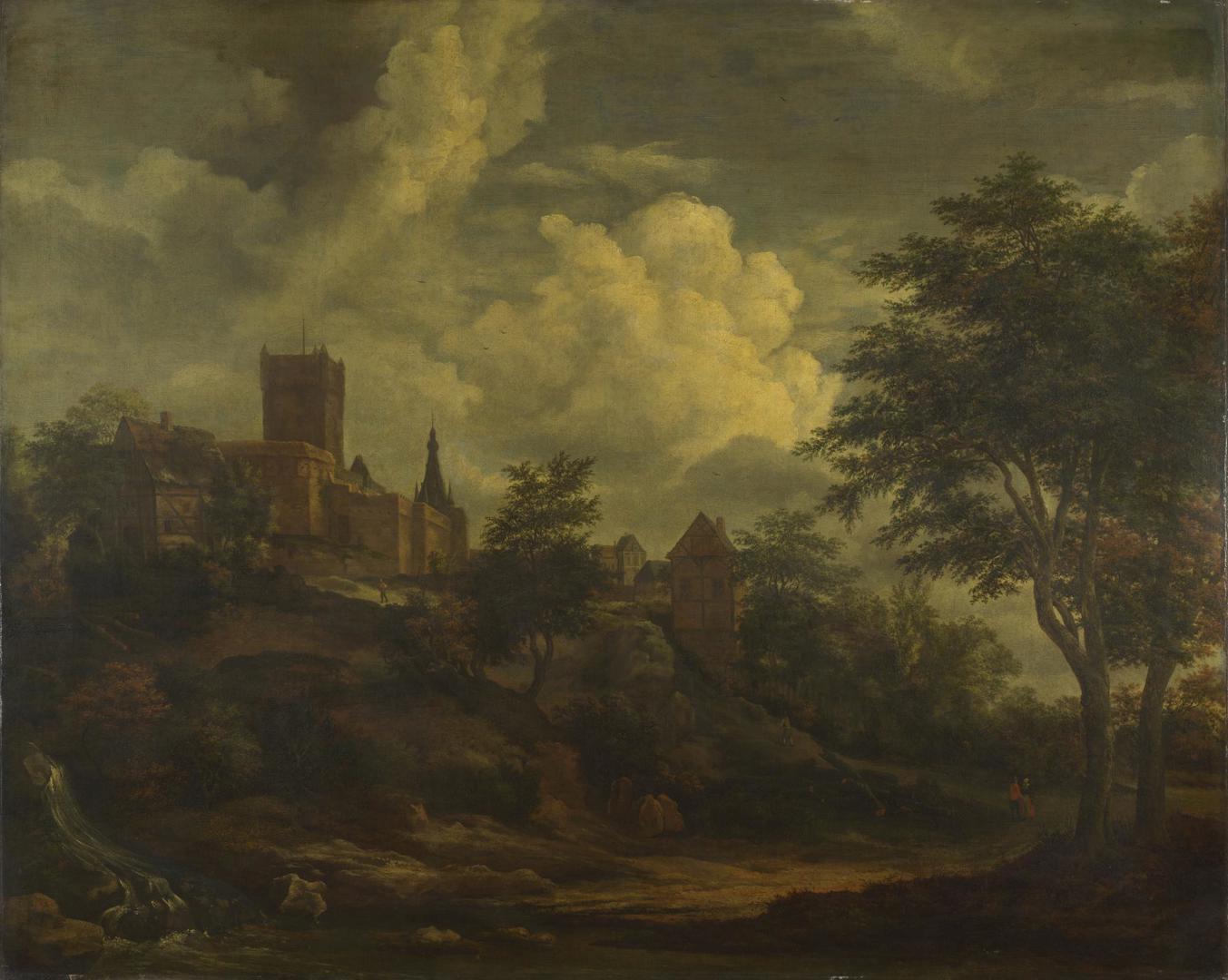 A Castle on a Hill by a River by Imitator of Jacob van Ruisdael