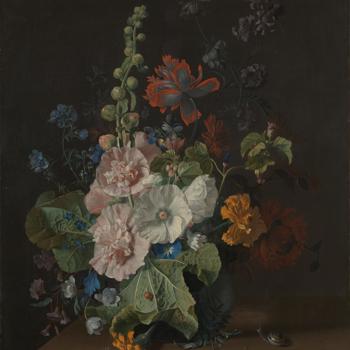 Hollyhocks and Other Flowers in a Vase