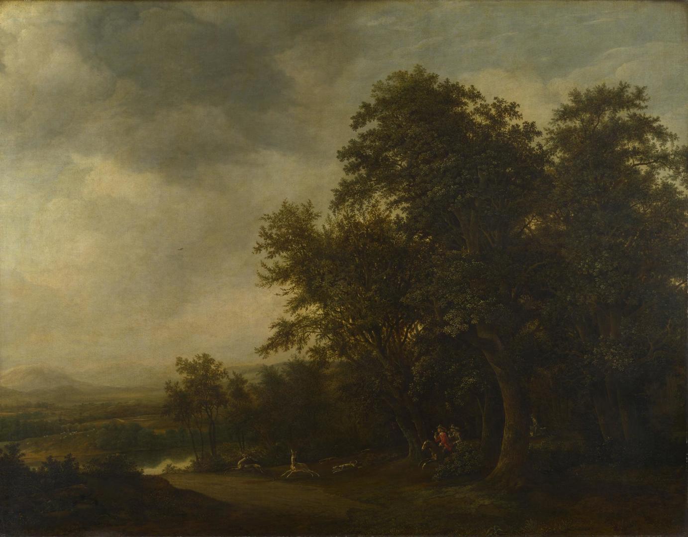 A Woody Landscape with a Stag Hunt by Jan de Lagoor
