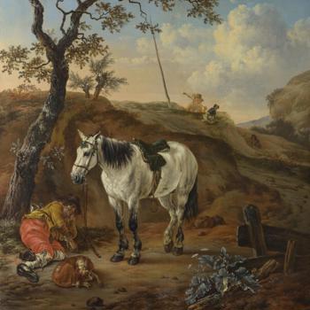 A White Horse standing by a Sleeping Man