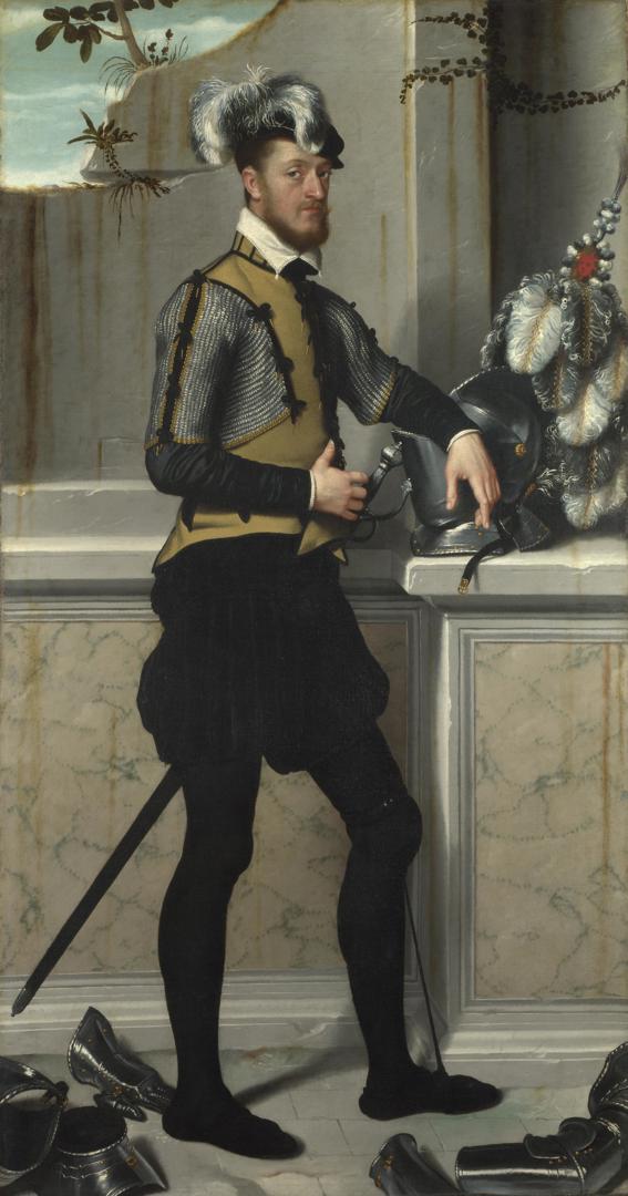 A Knight with his Jousting Helmet by Giovanni Battista Moroni