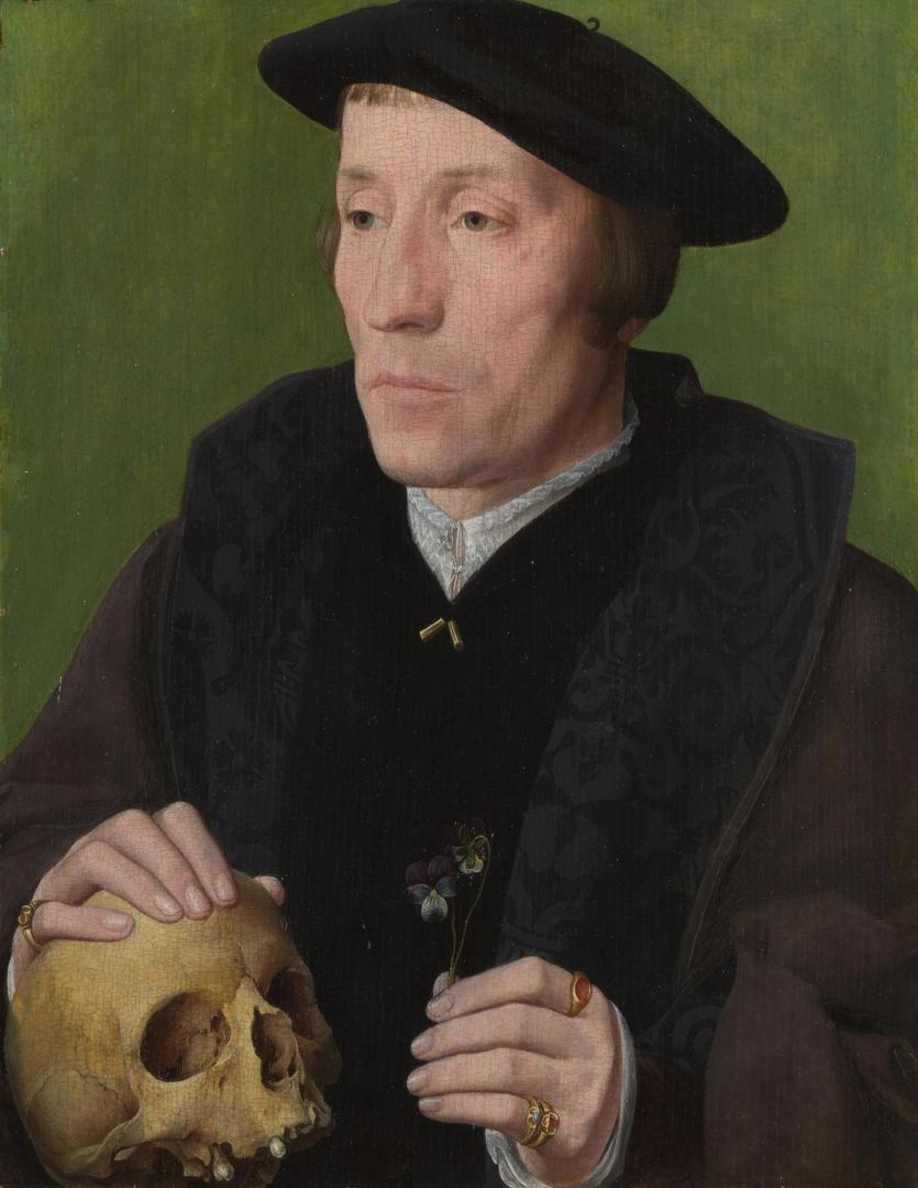 A Man with Pansies and a Skull by Follower of Jan van Scorel